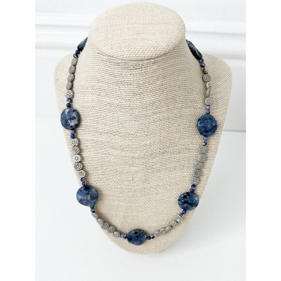 NWT Genuine Sodalite & Metallic Beads Necklace Blue Silver - Picture 1 of 5